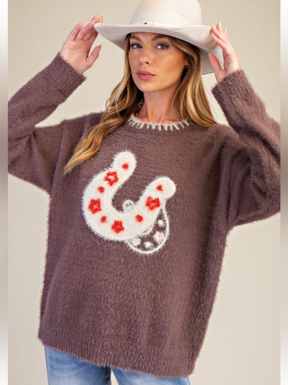 easel Brown Fuzzy Crewneck Sweater with White & Red Horseshoe Motif